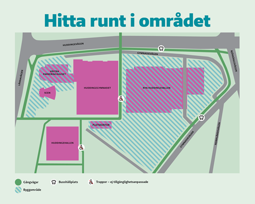 Bilden visar en karta för gång- och cykeltrafik runt byggområdet